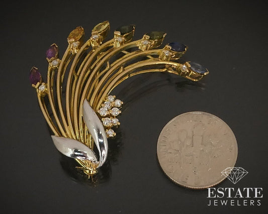 18k Yellow Gold Multicolor Sapphire Diamond Rainbow Brooch 10.1g i15242