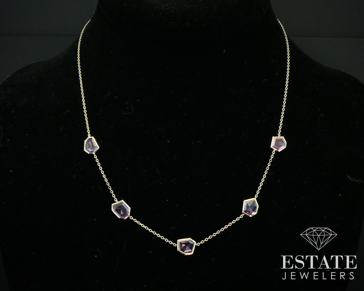 14k Yellow Gold Natural Sapphire Slice Link Ladies Necklace 4.2g i15258