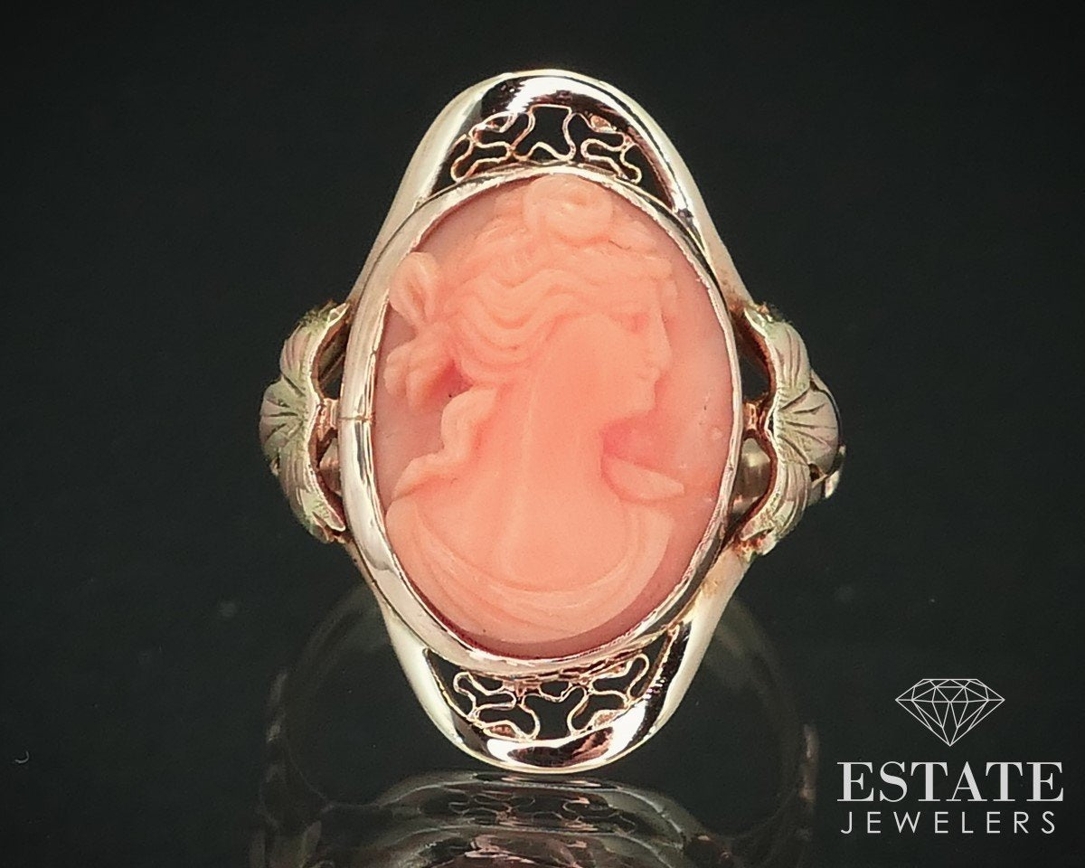 Antique 10k Yellow Gold Natural Coral Cameo Filigree Ladies Ring 4.4g i15256