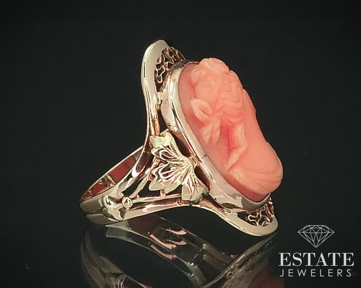 Antique 10k Yellow Gold Natural Coral Cameo Filigree Ladies Ring 4.4g i15256