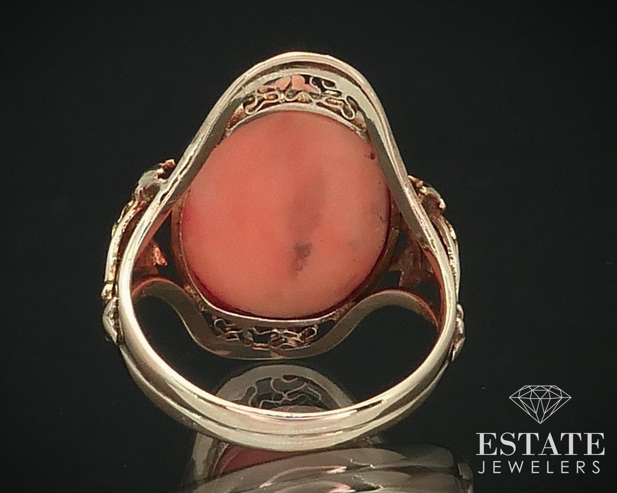 Antique 10k Yellow Gold Natural Coral Cameo Filigree Ladies Ring 4.4g i15256