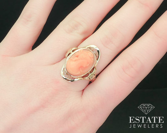 Antique 10k Yellow Gold Natural Coral Cameo Filigree Ladies Ring 4.4g i15256