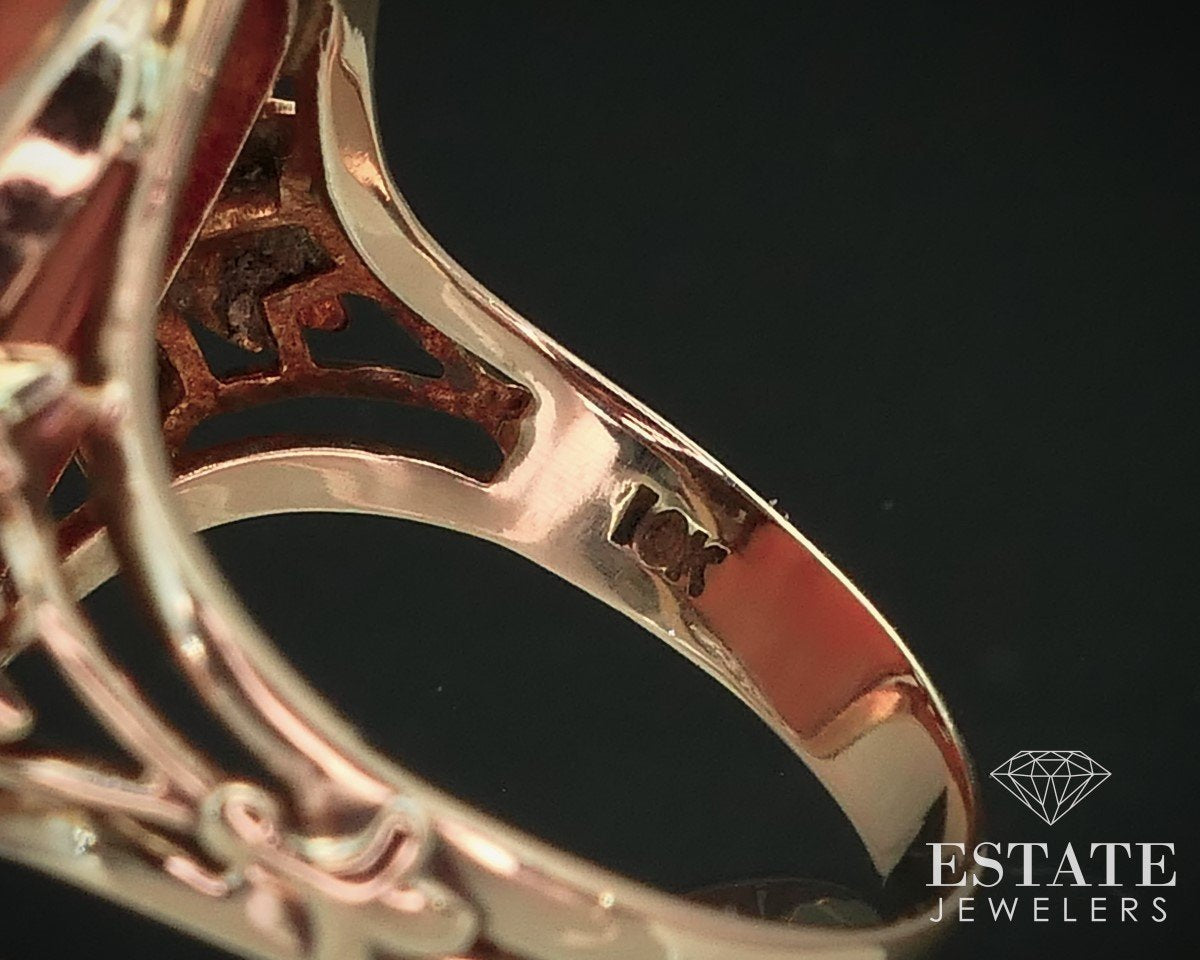 Antique 10k Yellow Gold Natural Coral Cameo Filigree Ladies Ring 4.4g i15256