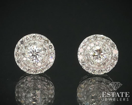 14k White Gold Round Natural 1ctw Diamond Button Halo Stud Earrings 2.4g i15261