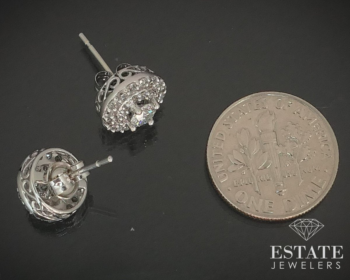14k White Gold Round Natural 1ctw Diamond Button Halo Stud Earrings 2.4g i15261