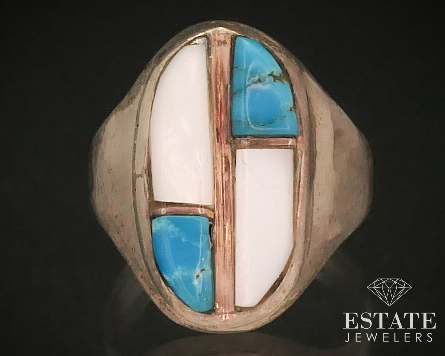 Vintage Sterling Silver Navajo Natural Turquoise & MOP Mens Ring 9g i15327