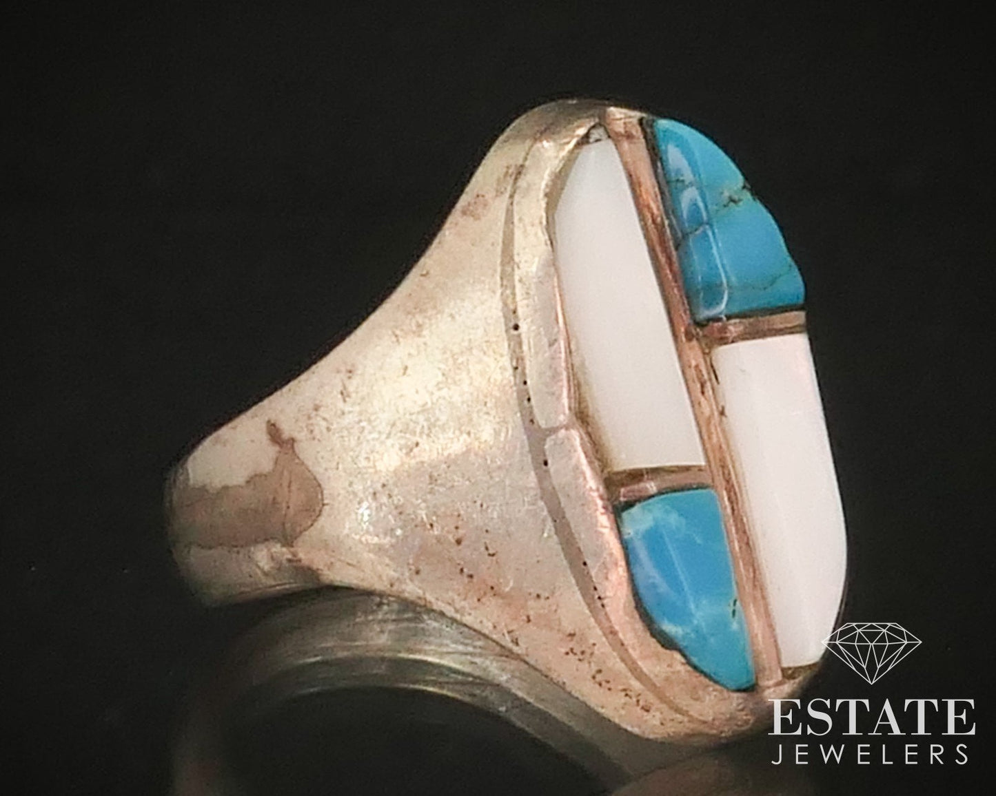 Vintage Sterling Silver Navajo Natural Turquoise & MOP Mens Ring 9g i15327