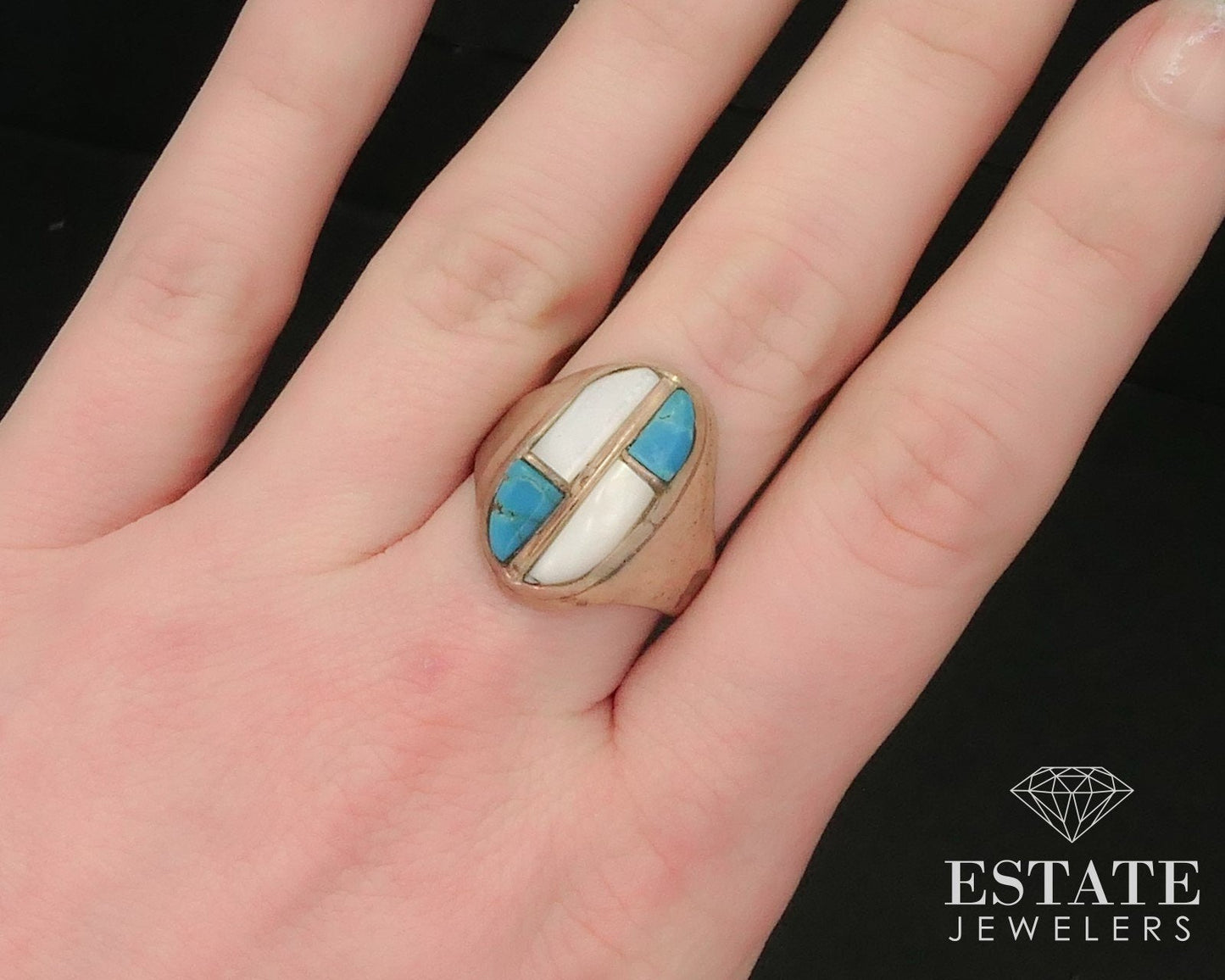 Vintage Sterling Silver Navajo Natural Turquoise & MOP Mens Ring 9g i15327