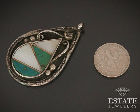 Vintage Sterling Zuni Natural Turquoise & MOP Tear Drop Pendant 11g i15310