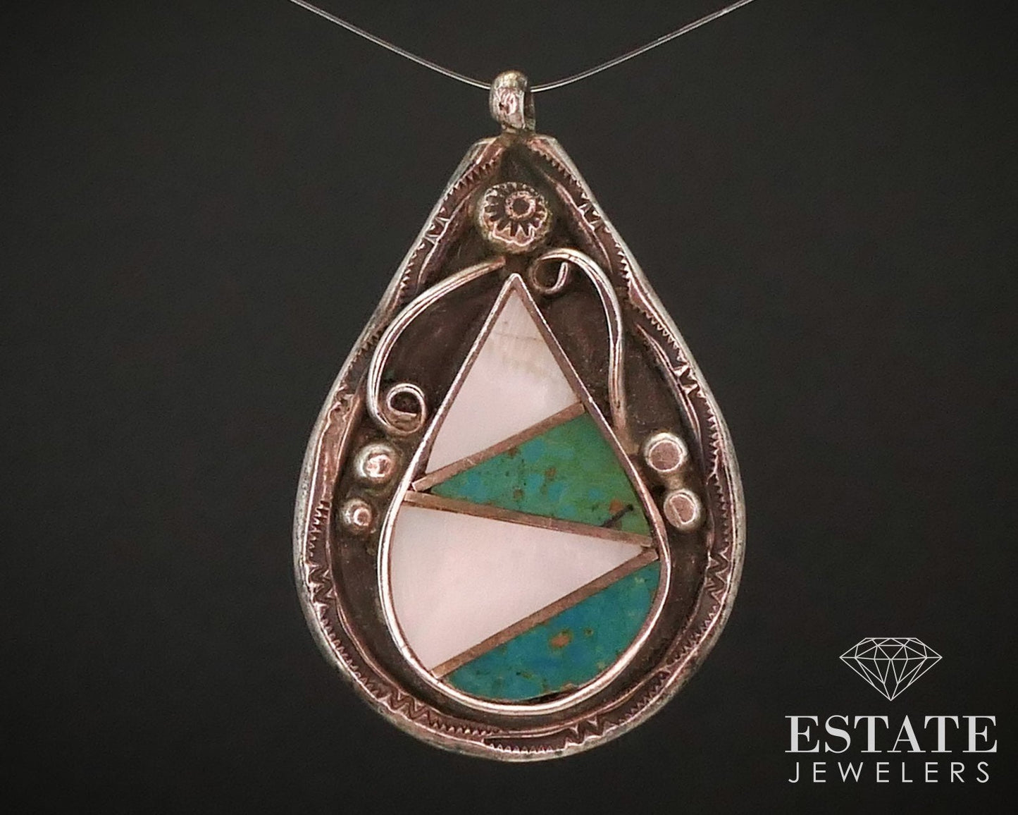 Vintage Sterling Zuni Natural Turquoise & MOP Tear Drop Pendant 11g i15310