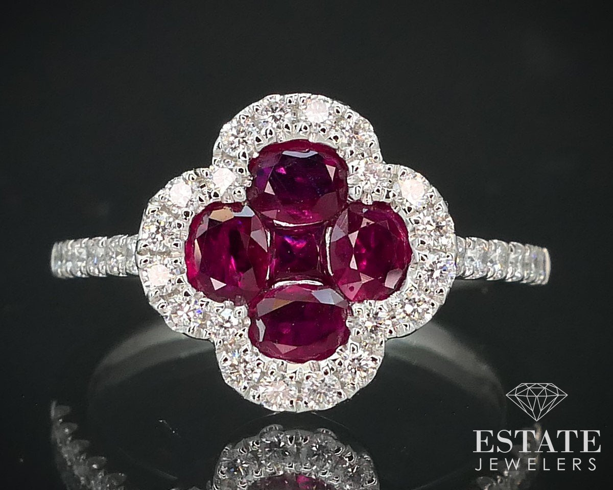 14k White Gold 1.18ctw Natural Ruby & Diamond Halo Flower Ring 3.4g i15277