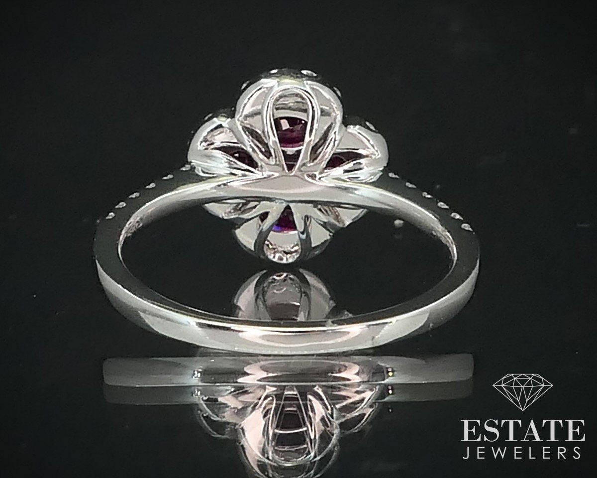 14k White Gold 1.18ctw Natural Ruby & Diamond Halo Flower Ring 3.4g i15277