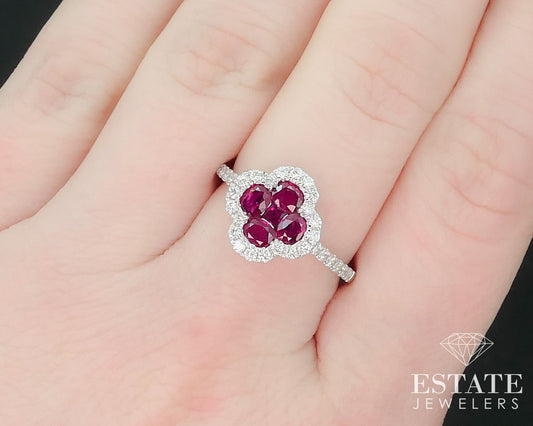 14k White Gold 1.18ctw Natural Ruby & Diamond Halo Flower Ring 3.4g i15277