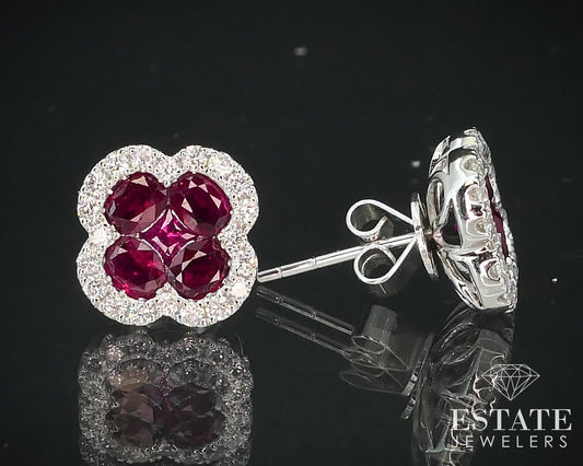 14k White Gold 2.36ctw Natural Ruby & Diamond Flower Stud Earrings 4g p61056