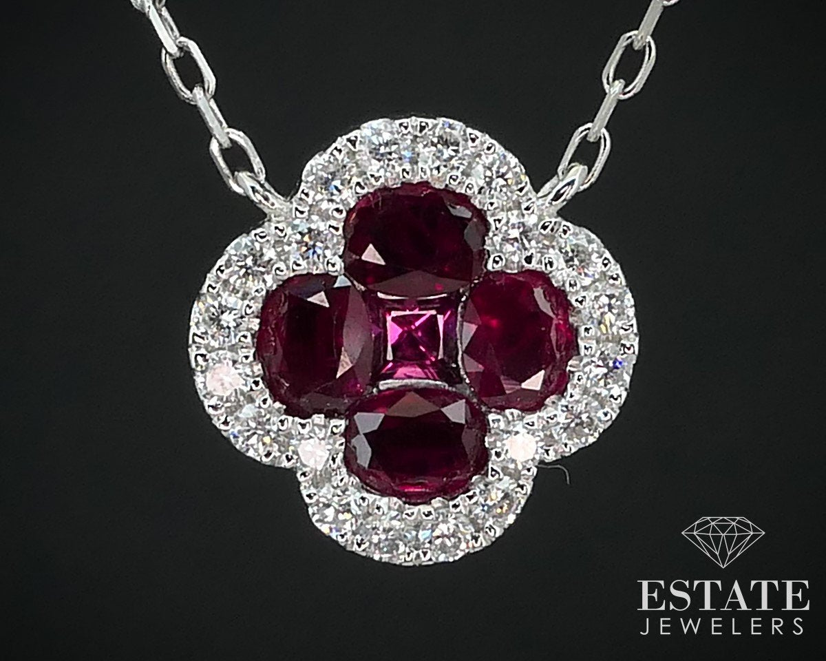 14k White Gold 1.19ctw Natural Ruby & Diamond Flower Necklace 2.7g i15305