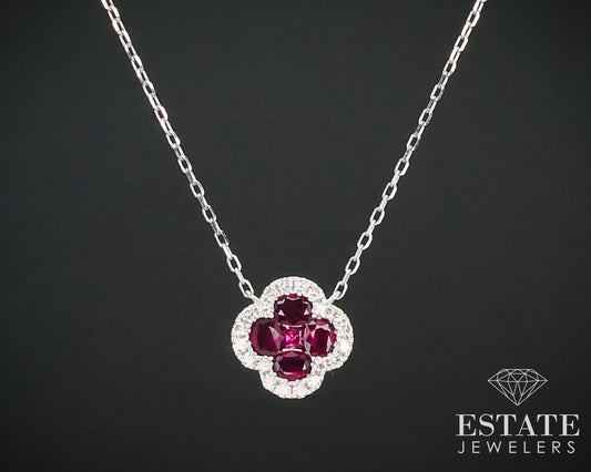 14k White Gold 1.19ctw Natural Ruby & Diamond Flower Necklace 2.7g i15305