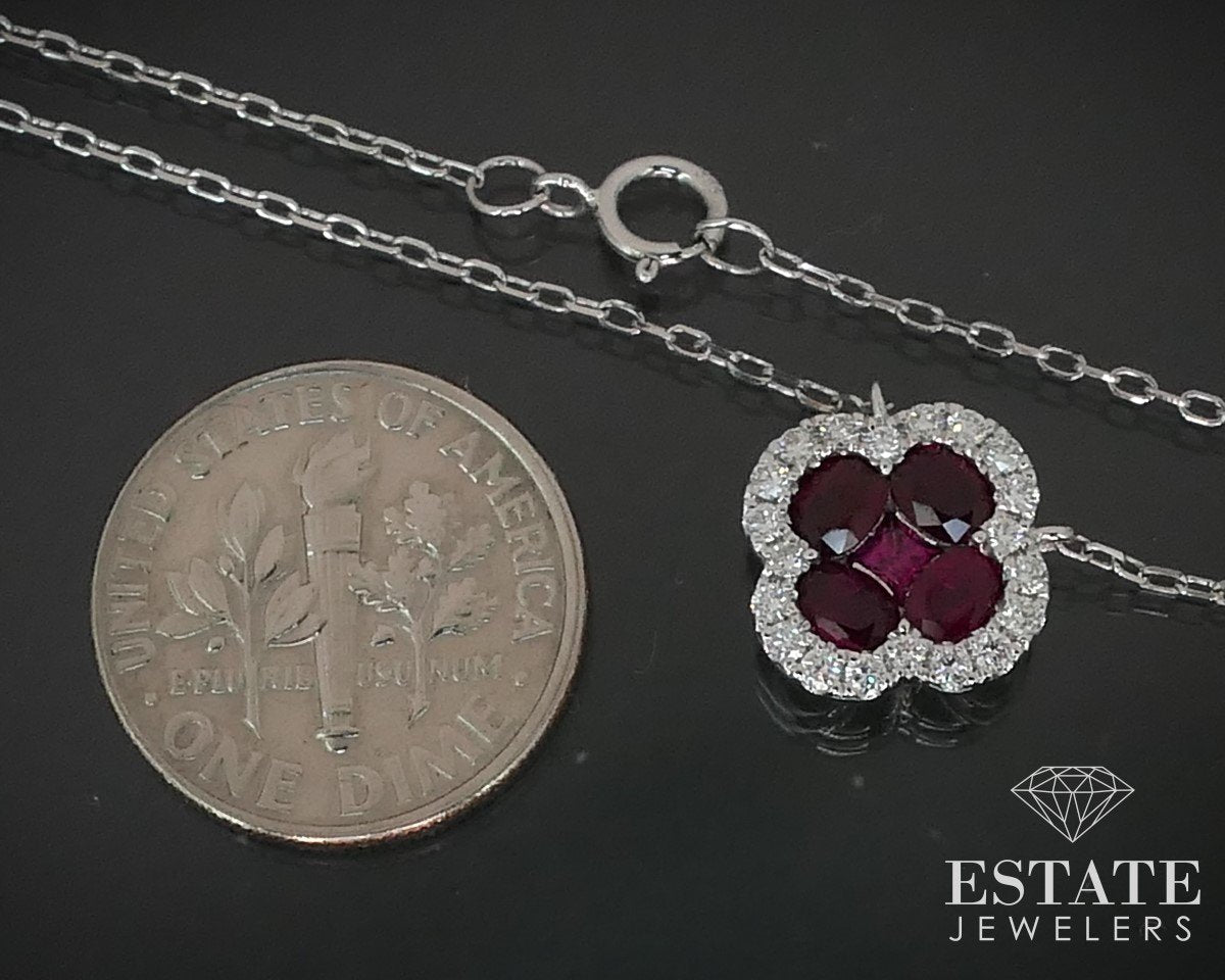 14k White Gold 1.19ctw Natural Ruby & Diamond Flower Necklace 2.7g i15305