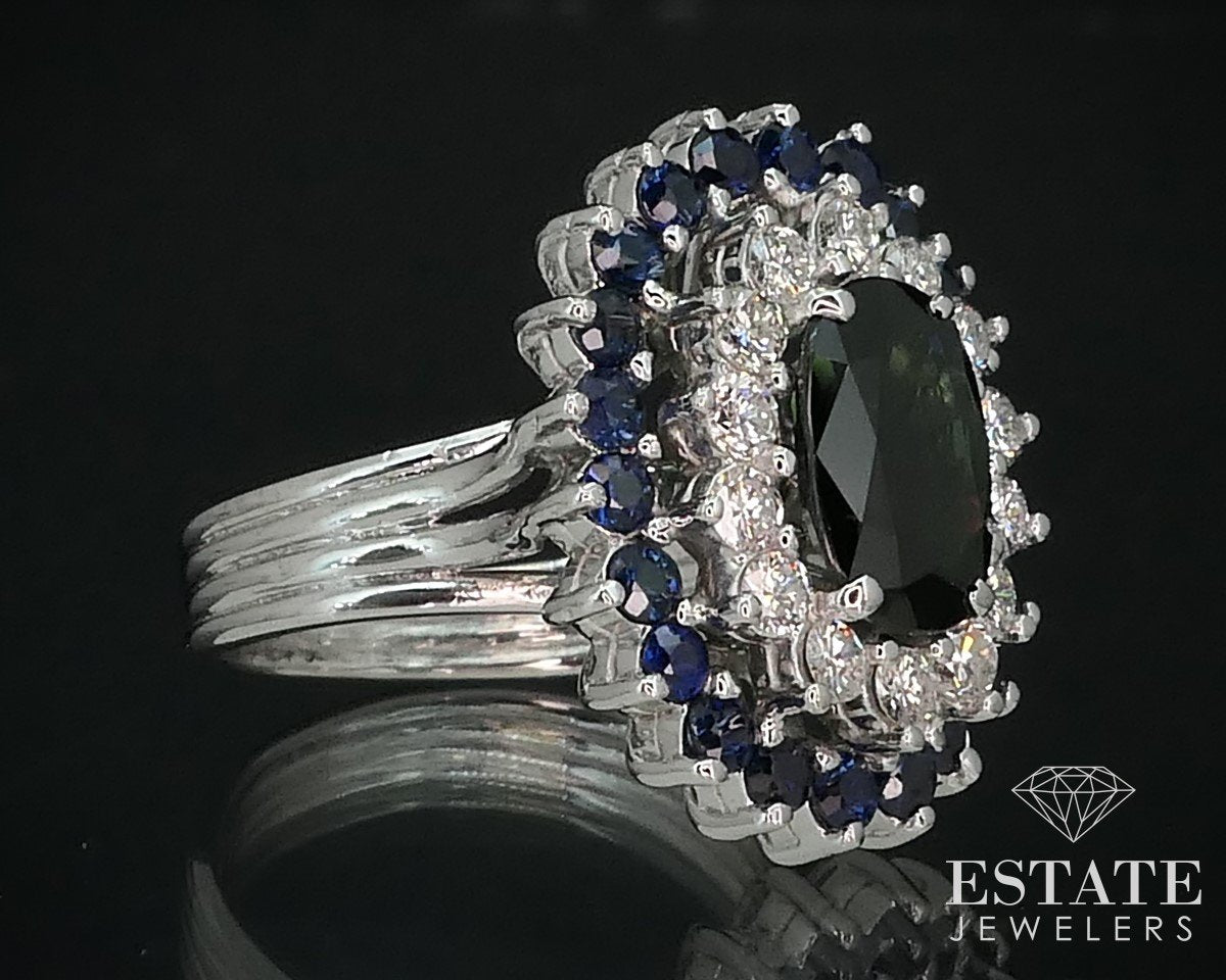 14k White Gold Oval Natural Blue Sapphire & Diamond Ballerina Ring 10.2g i15380