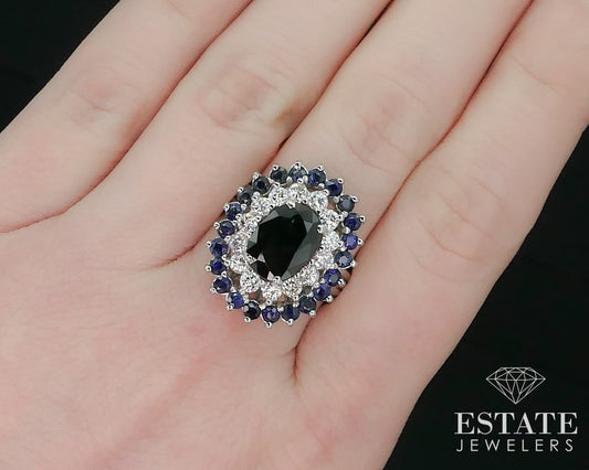 14k White Gold Oval Natural Blue Sapphire & Diamond Ballerina Ring 10.2g i15380