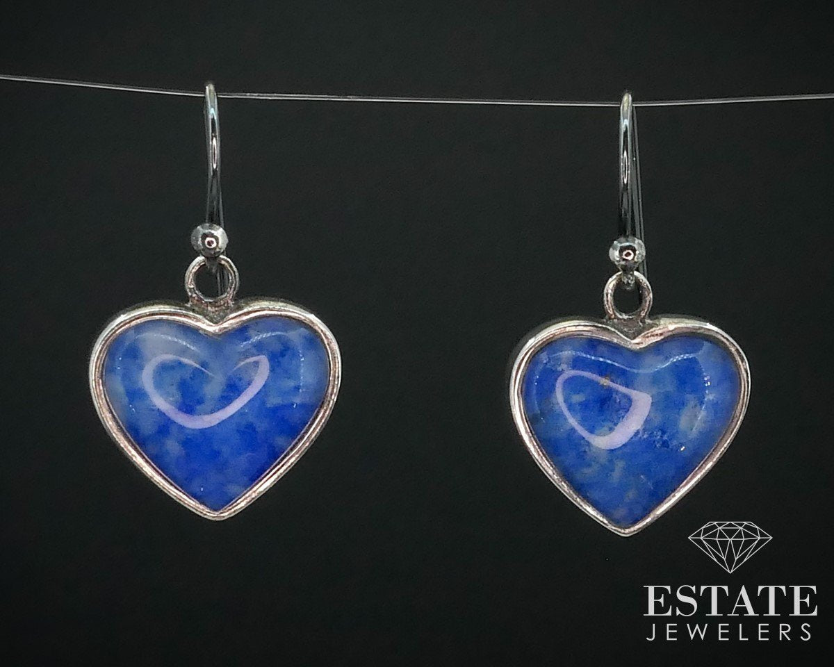 Estate Sterling Natural Sodalite BARSE Heart Dangle Earrings 7.2g i15462