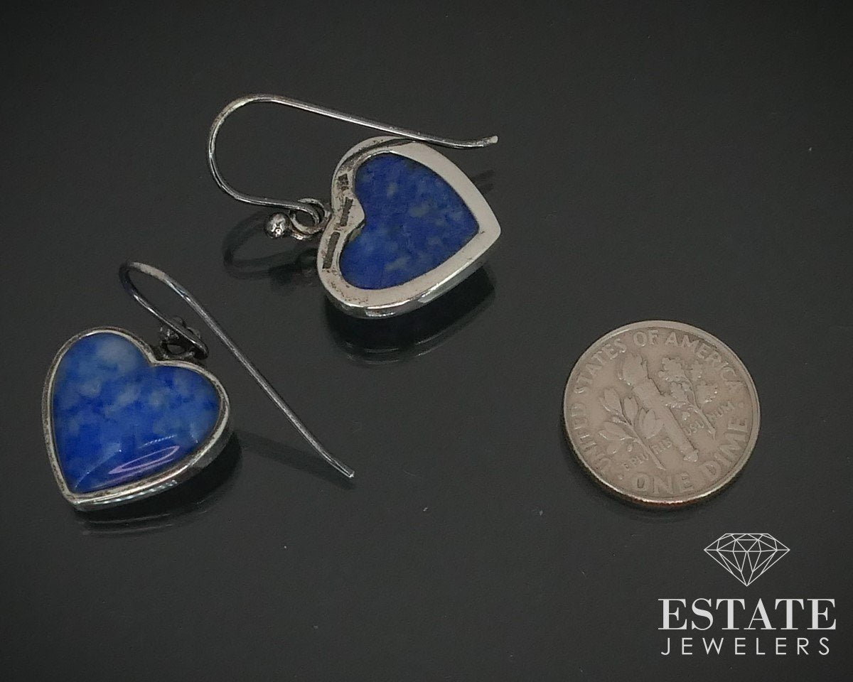 Estate Sterling Natural Sodalite BARSE Heart Dangle Earrings 7.2g i15462
