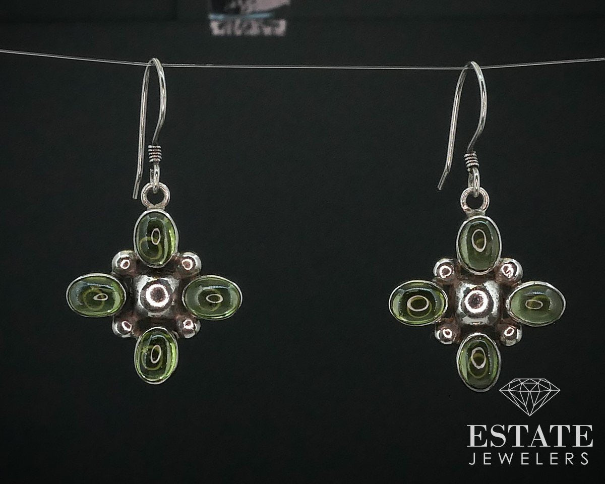 Vintage Sterling Cabochon Signed Natural Peridot Dangle Earrings 8g i15461