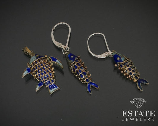 Antique Sterling Silver Articulated Chinese Fish Enameled Set 5g i15440