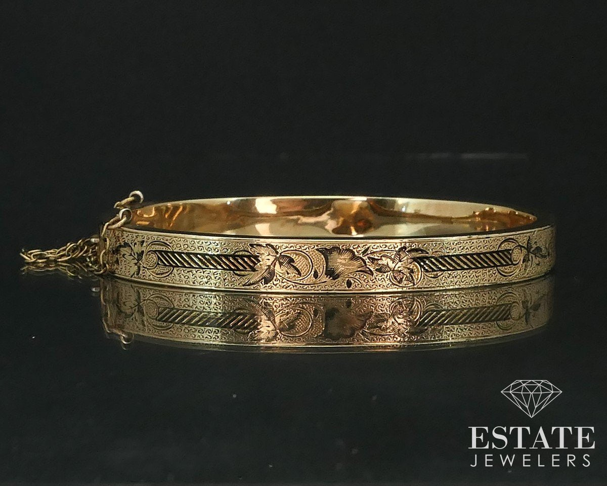 Antique Victorian 9k Yellow Gold Hinged Enameled Bangle Bracelet 10.3g i15383