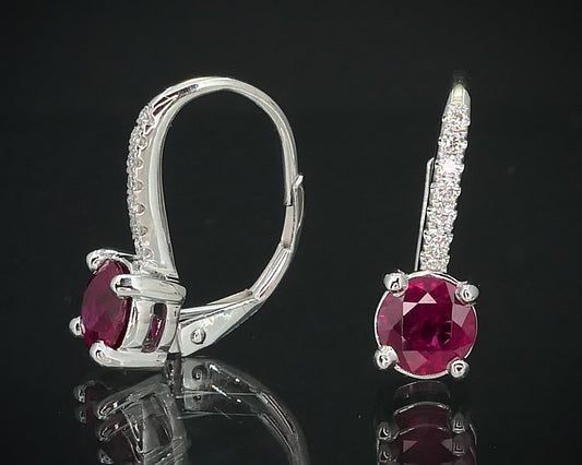 14k White Gold 1.67ctw Natural Ruby & Diamond Lever Back Earrings 3.1g i15532