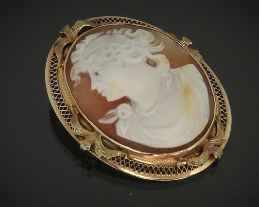 Antique Victorian 10k Yellow Gold Natural Cameo Filigree Pin Brooch 5.2g i15548