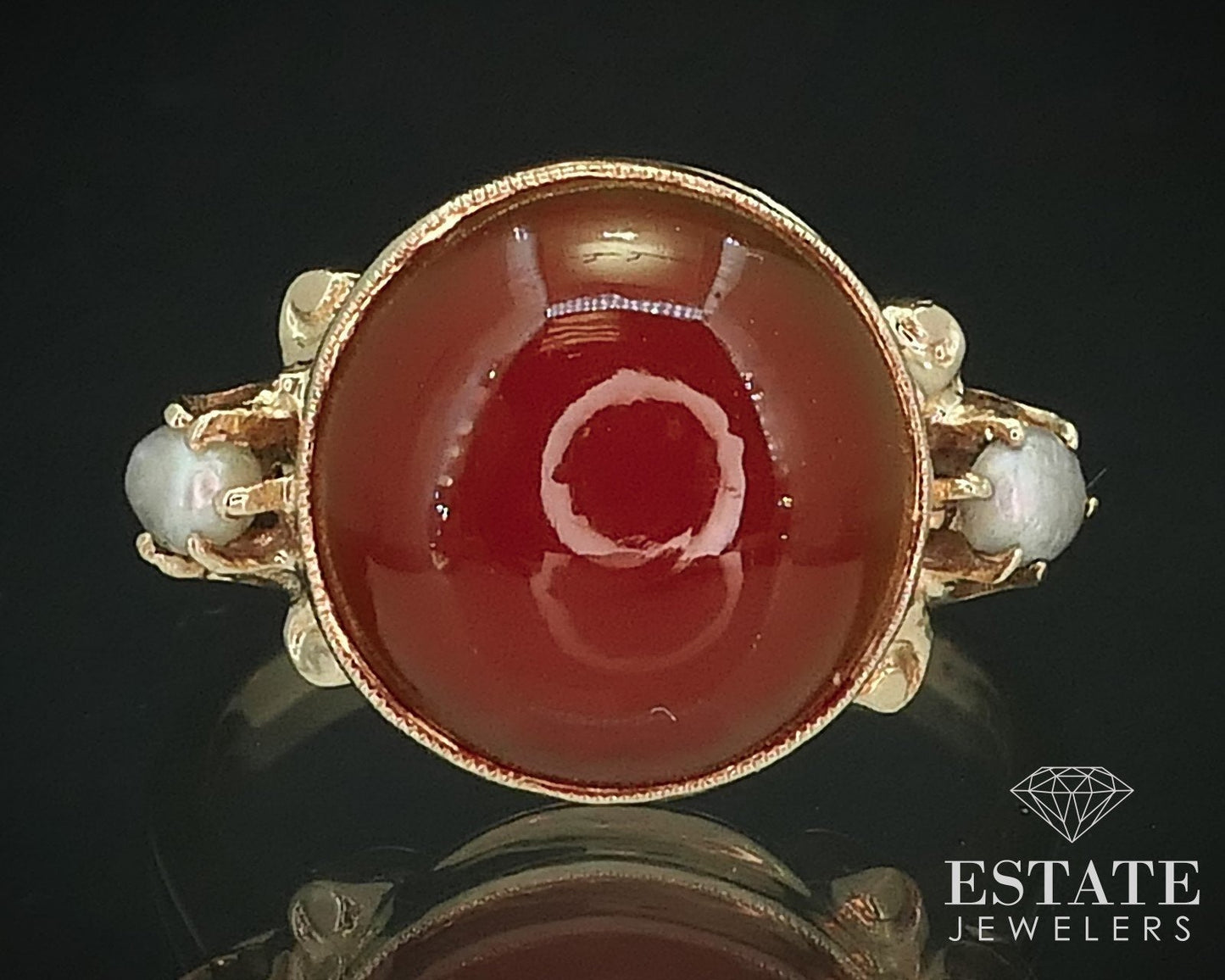 Antique 14k Yellow Gold 12mm Natural Carnelian & Seed Pearl Ring 4.5g i15622