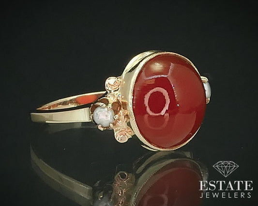 Antique 14k Yellow Gold 12mm Natural Carnelian & Seed Pearl Ring 4.5g i15622