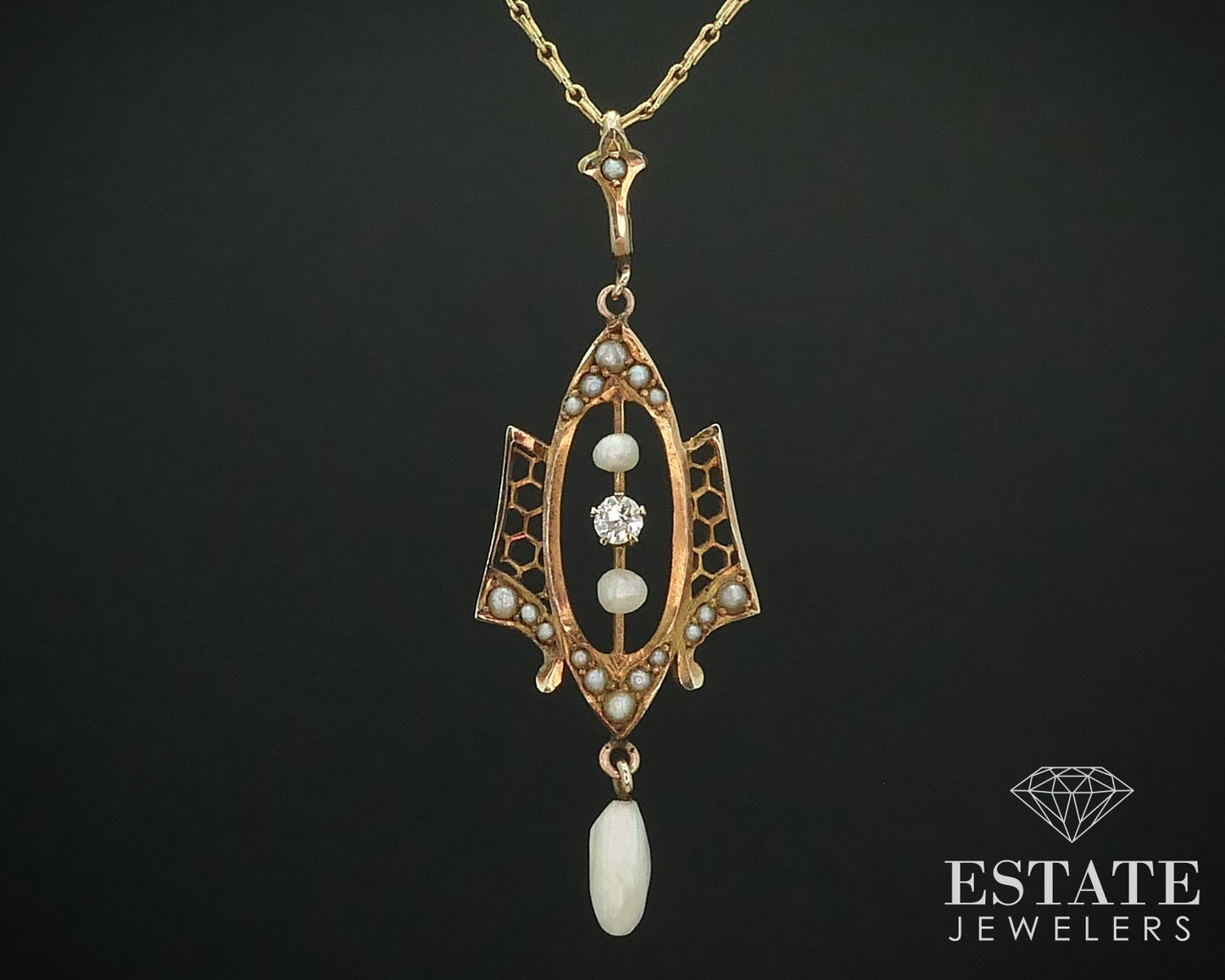 Antique 14K Yellow Gold Diamond & Seed Pearl Lavalier Pendant Necklace 3g i15616