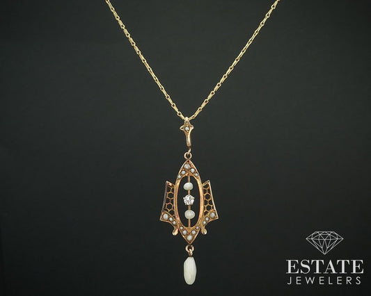 Antique 14K Yellow Gold Diamond & Seed Pearl Lavalier Pendant Necklace 3g i15616