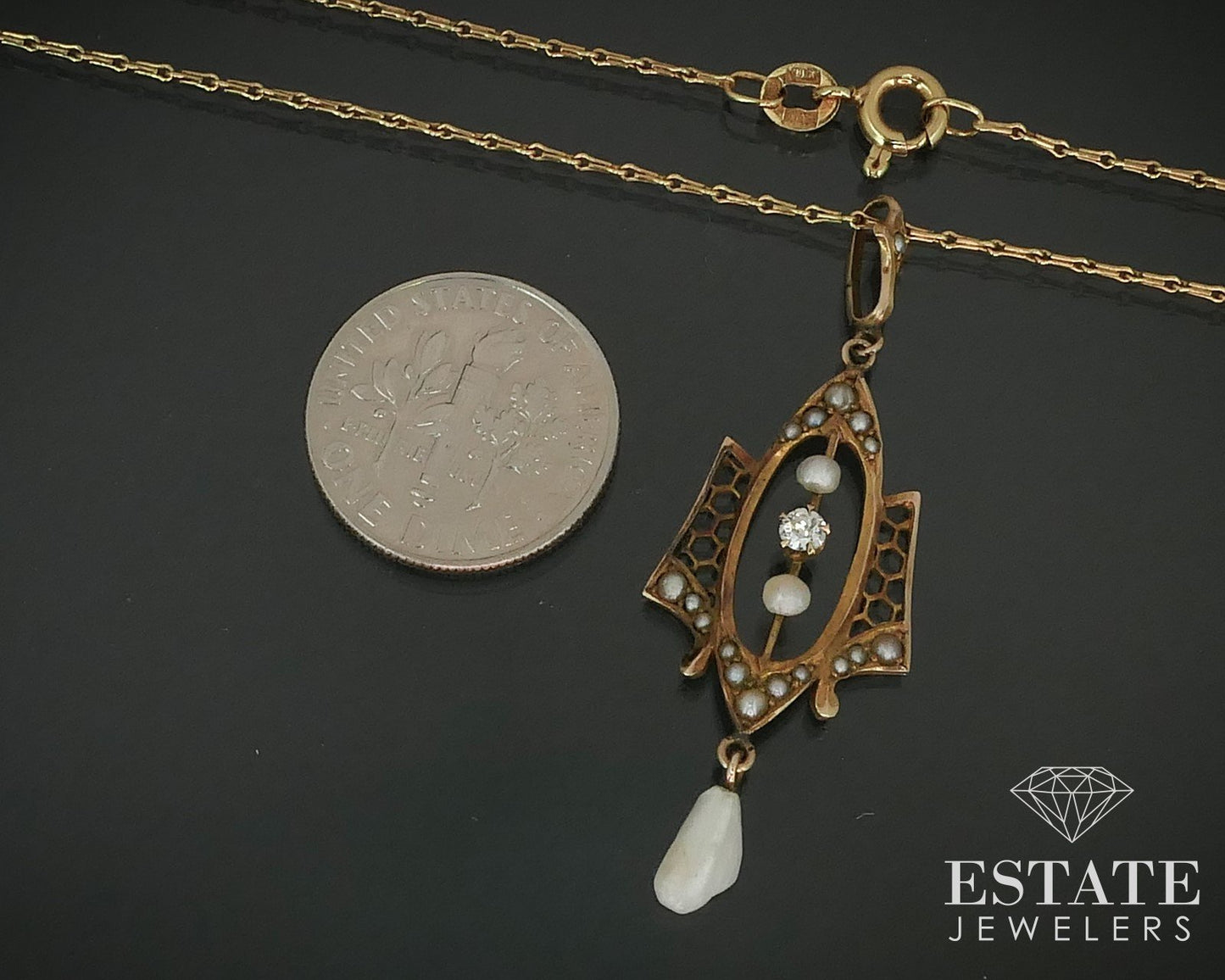Antique 14K Yellow Gold Diamond & Seed Pearl Lavalier Pendant Necklace 3g i15616