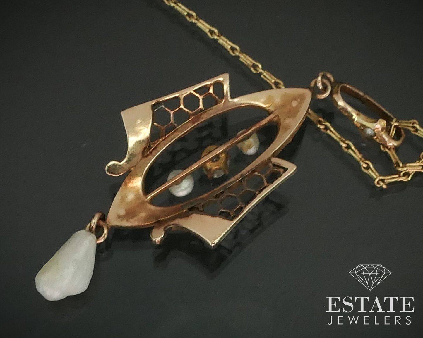 Antique 14K Yellow Gold Diamond & Seed Pearl Lavalier Pendant Necklace 3g i15616