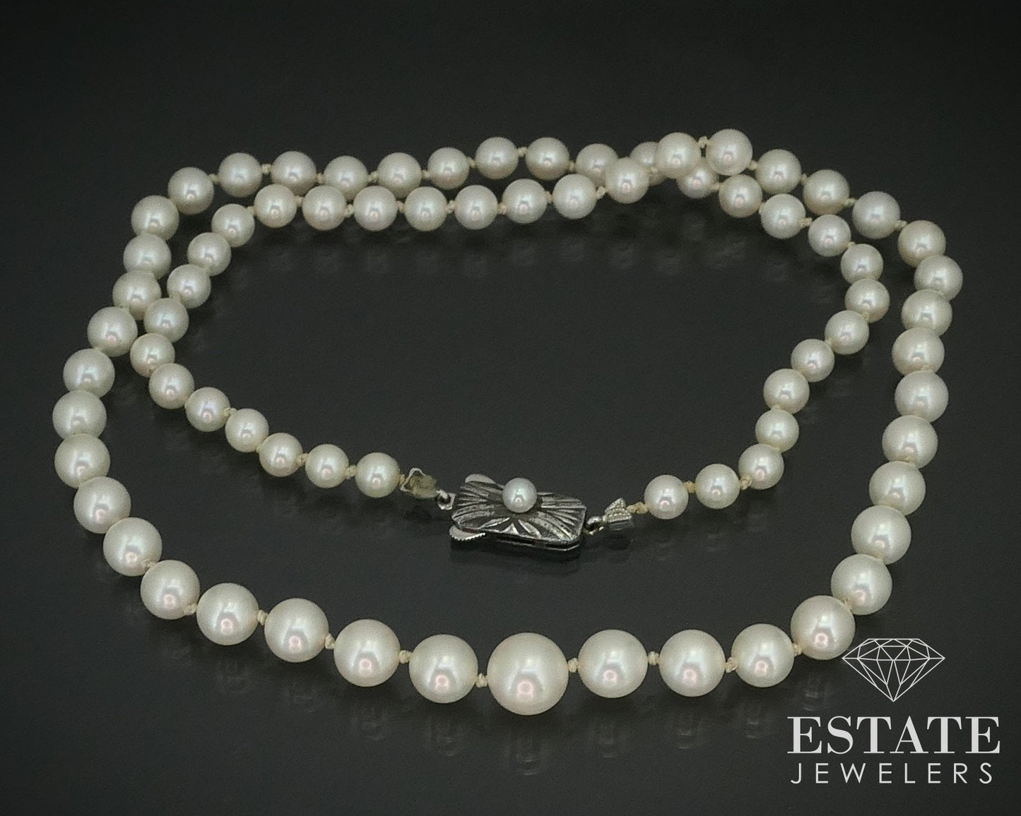 Vintage Sterling Silver Mikimoto 5-9mm Akoya Pearl Necklace 22"L i15592