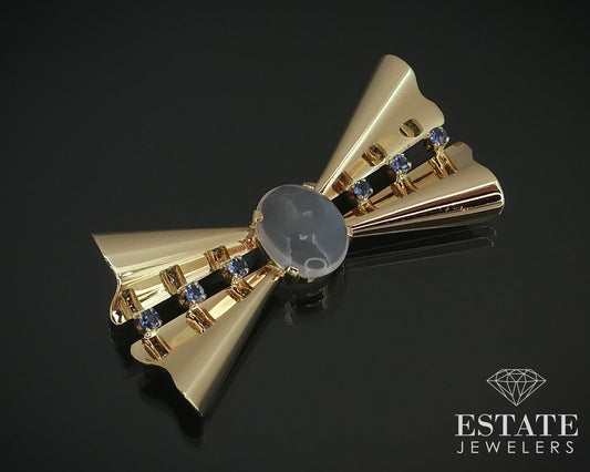 Vintage Retro 14k Yellow Gold Moonstone & Blue Sapphire Pin Brooch 8g i15637