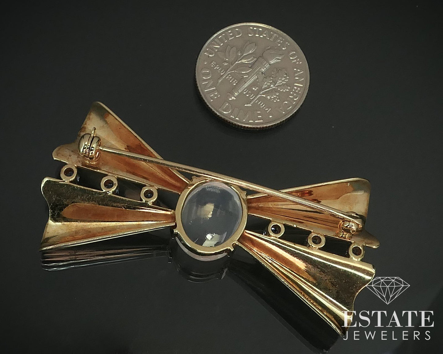 Vintage Retro 14k Yellow Gold Moonstone & Blue Sapphire Pin Brooch 8g i15637