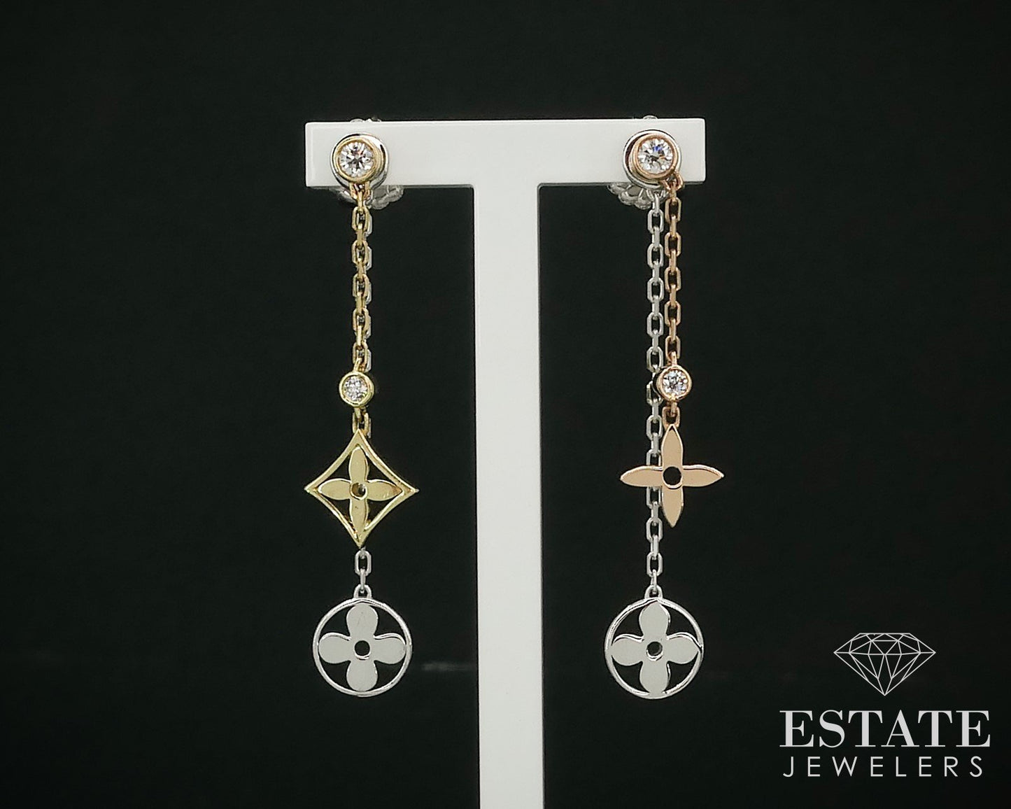 New 18k Tri Color Gold Diamond Drop Stud Earrings 4.1g i15686