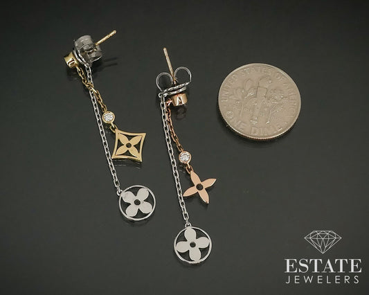 New 18k Tri Color Gold Diamond Drop Stud Earrings 4.1g i15686