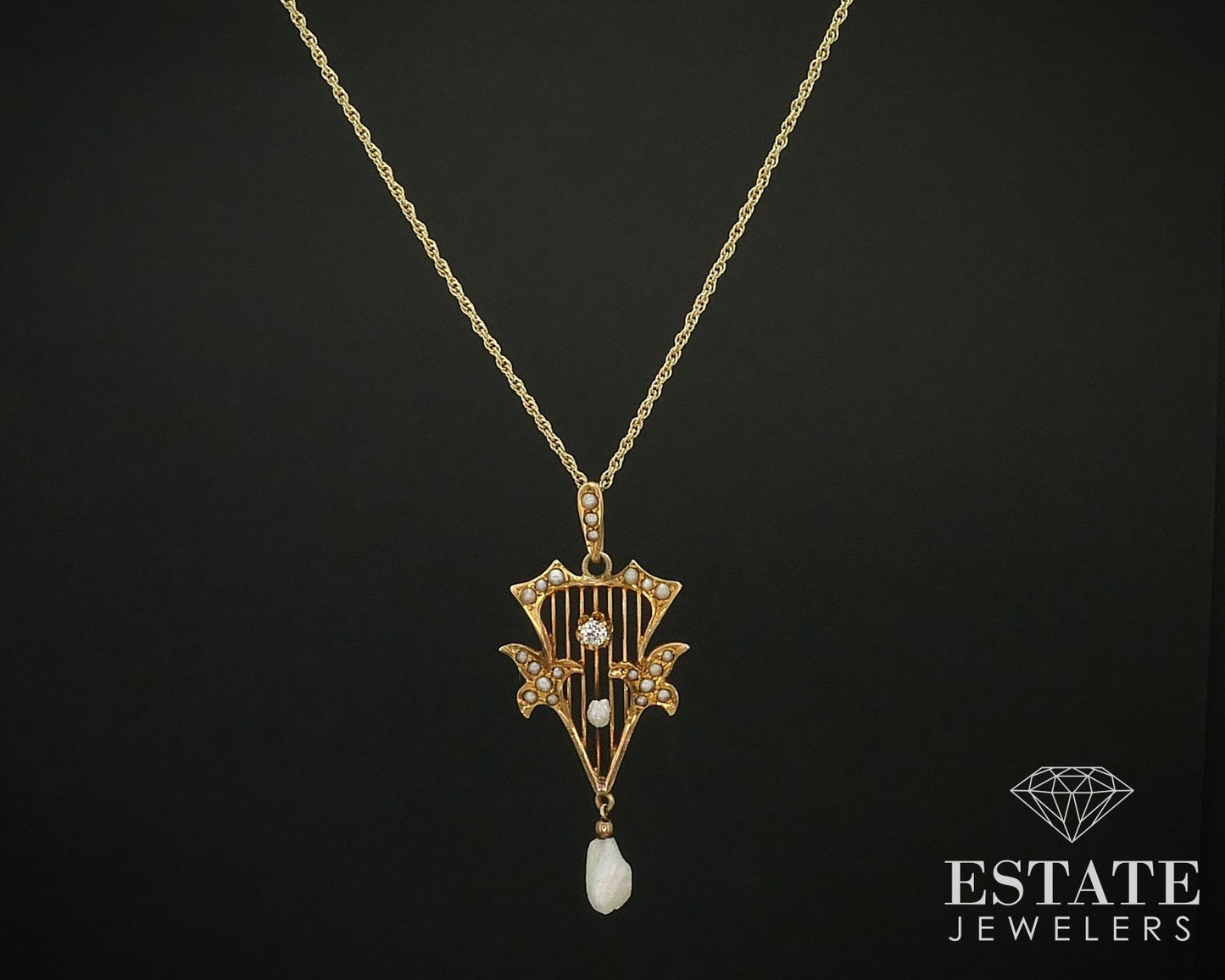 Antique Victorian 14K Yellow Gold Diamond & Pearl Lavalier Necklace 4g i15751