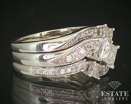 14k White Gold Princess Natural 1.00ctw Diamond Ladies Wedding Set 6.7g i15765