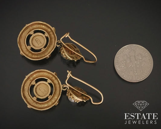 Antique Victorian 14k Yellow Gold Cultured Pearl & Turquoise Earrings 8g i15747