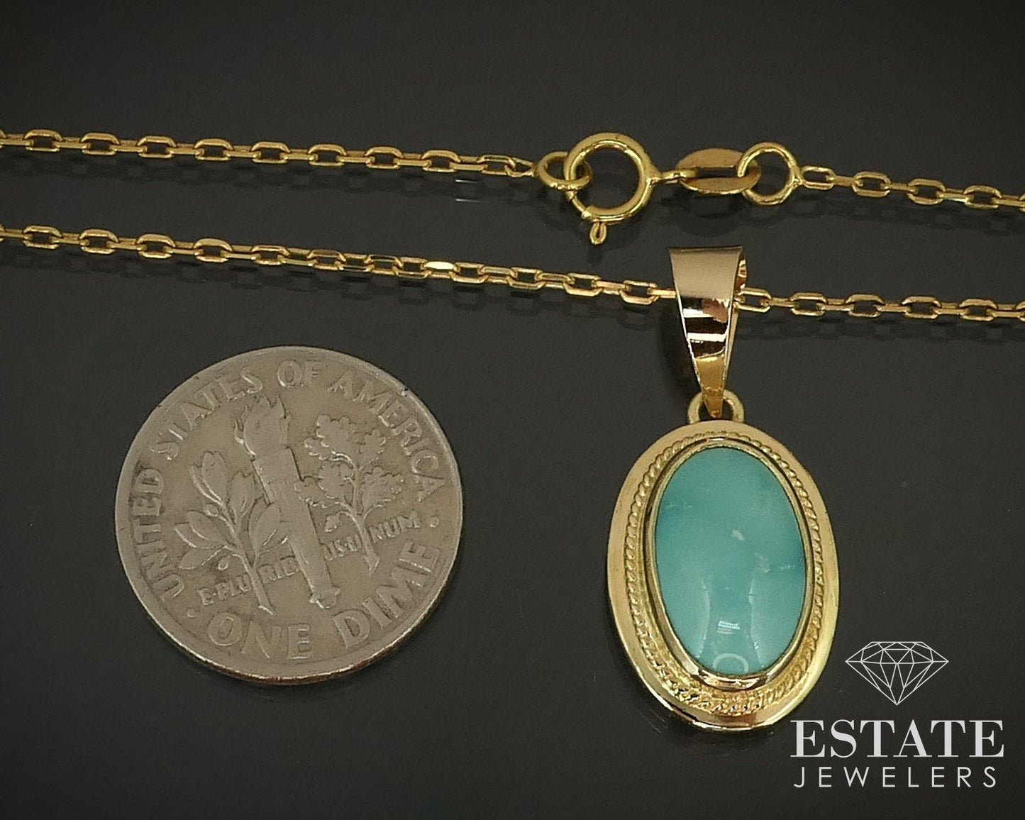 Vintage 18k Yellow Gold Oval Natural Turquoise Ladies Necklace 5.1g 20"L i15774