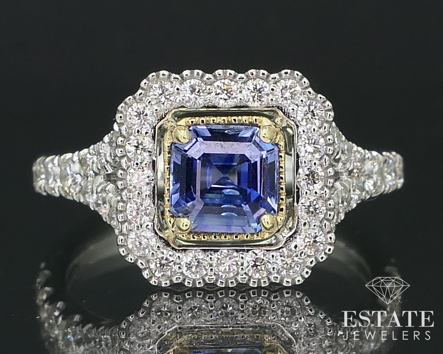 Platinum 14k Asscher Natural .75ct Blue Sapphire & Diamond Halo Ring 6g i15833