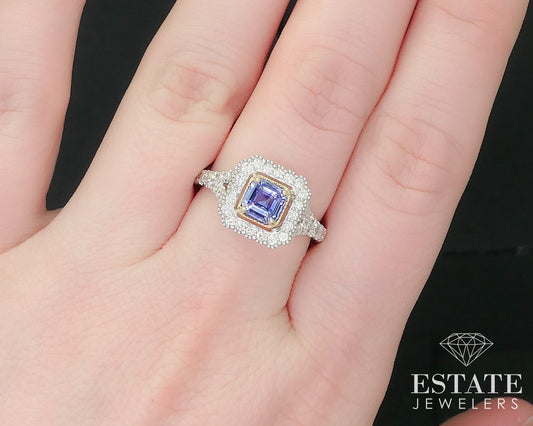 Platinum 14k Asscher Natural .75ct Blue Sapphire & Diamond Halo Ring 6g i15833