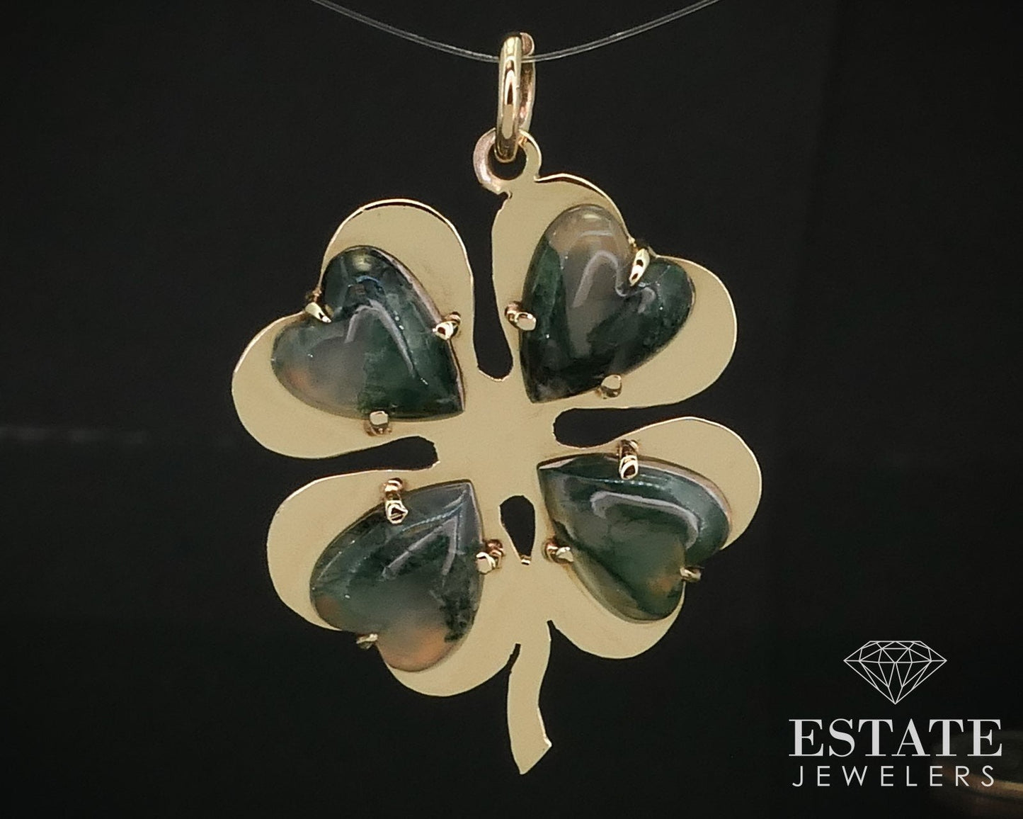 Vintage 14k Yellow Gold 4 Leaf Clover Natural Moss Agate Pendant 4.9g i15793