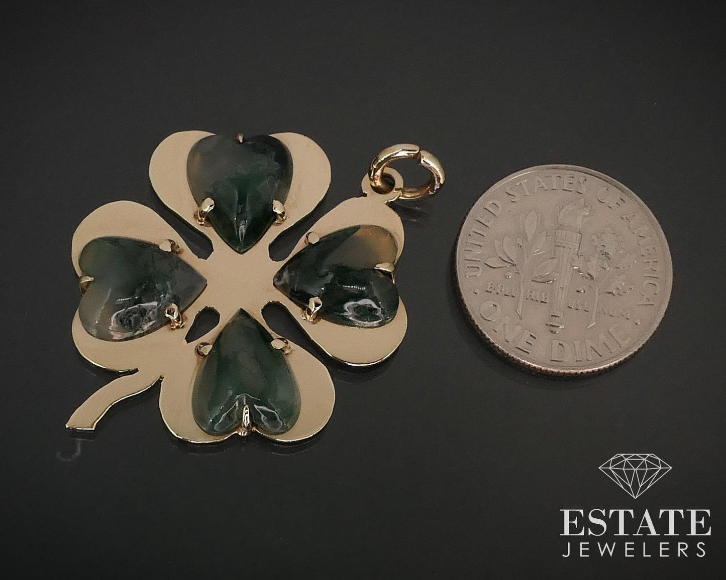 Vintage 14k Yellow Gold 4 Leaf Clover Natural Moss Agate Pendant 4.9g i15793