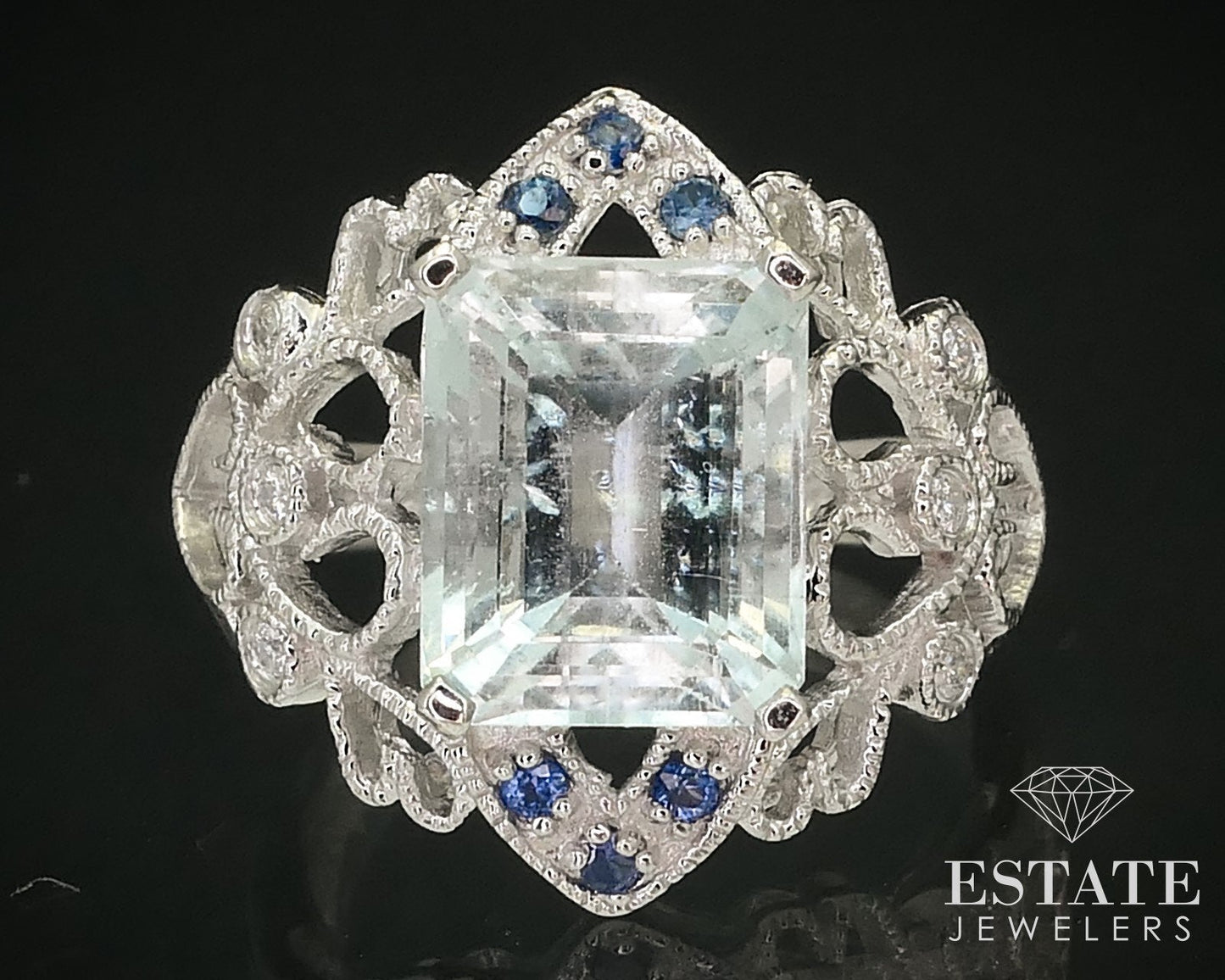 14k White Gold Natural Aquamarine Sapphire Diamond Filigree Ring 5.5g i15822